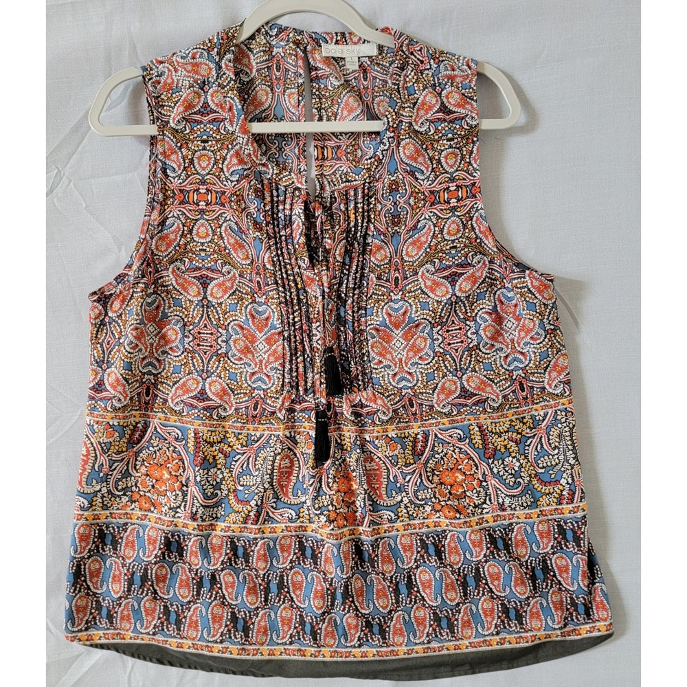Pale Sky Womens Boho Large Paisley Pintuck Tassel Sleeveless Blouse